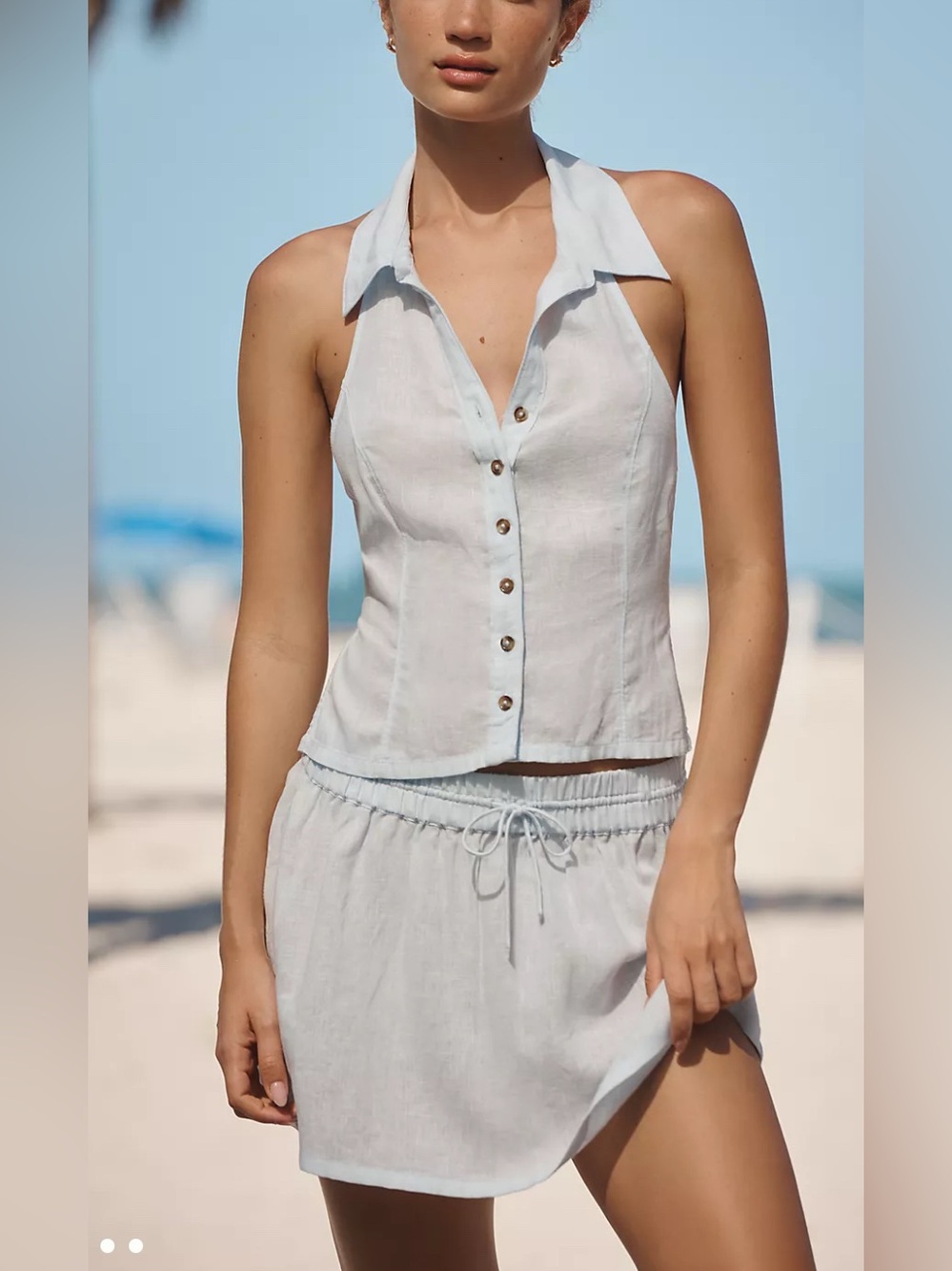 Anthropologie Gingham Dickie Light Blue Linen Halter Top & Mini Skirt Set